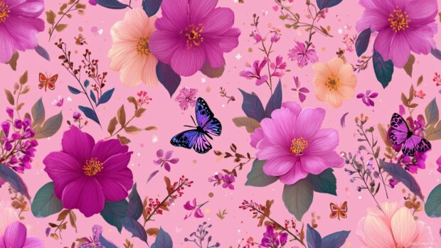 Cute background wallpaper, charming floral patterns with vibrant hues and delicate butterflies scattered throughout.