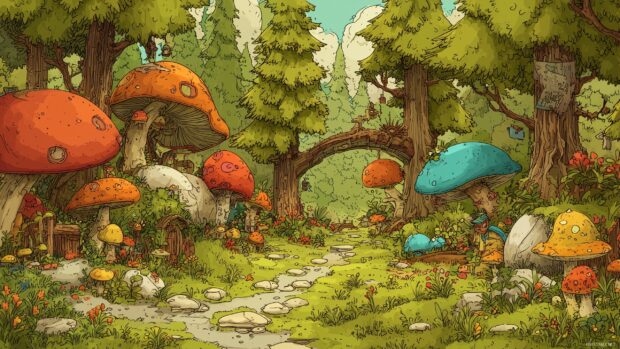Cute computer backgrounds, a charming forest with friendly critters and colorful mushrooms in a fantasy setting.