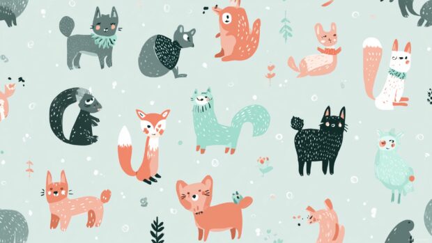 Cute computer backgrounds, a collection of whimsical animals with pastel colors and playful patterns.