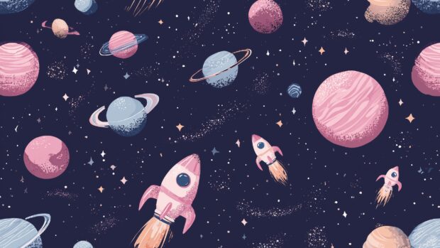 Cute computer backgrounds, a whimsical outer space scene filled with adorable planets and rockets.