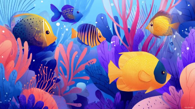Cute computer backgrounds, playful underwater scene featuring friendly fish and colorful corals.