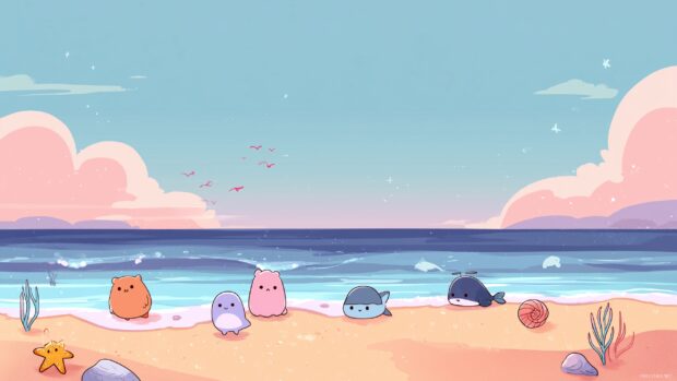 Cute desktop backgrounds, a serene beach scene with cute sea creatures and gentle waves.