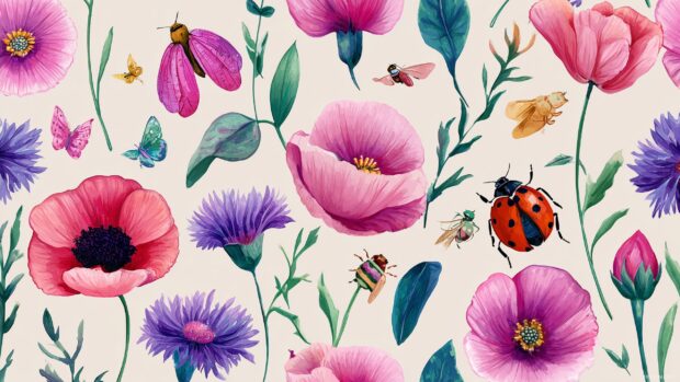 Cute desktop backgrounds, a vibrant garden scene with cheerful flowers and cute insects in watercolor style.