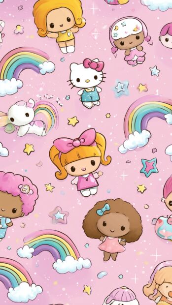 Cute girly backgrounds, cartoon characters surrounded by rainbows and glittery stars.