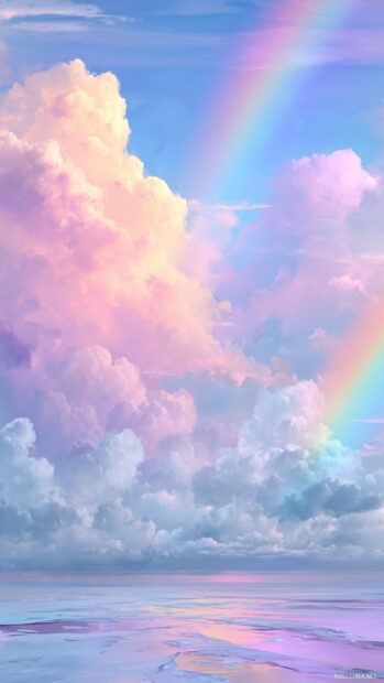 Cute girly wallpaper HD, a serene pastel landscape with soft clouds and gentle rainbows.