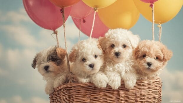 Cute high resolution wallpapers, a group of fluffy puppies in a basket with bright balloons floating overhead.