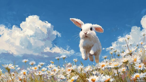 Cute pics for wallpapers HD, a fluffy bunny hopping through a field of daisies under a bright blue sky.