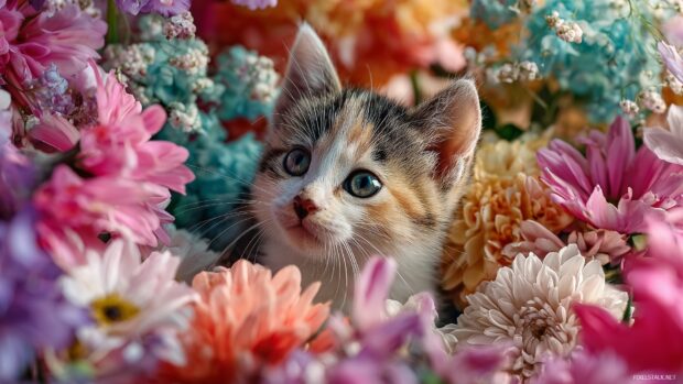 Cute pics for wallpapers HD, a playful kitten surrounded by colorful flowers.