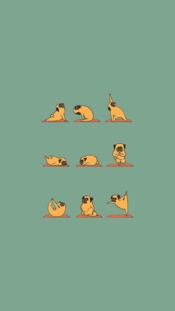 A series of adorable pugs practicing yoga poses on mats against a green background, HD Mobile Wallpaper