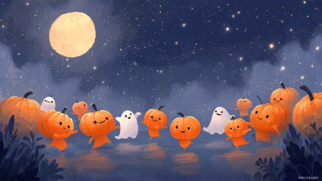Cute pumpkin Halloween wallpaper for desktop, a whimsical scene of playful pumpkins dancing in the moonlight with a backdrop of stars and ghosts.