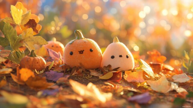 Cute pumpkin wallpaper for desktop, a cozy autumn scene featuring adorable pumpkins nestled among colorful fallen leaves in warm sunlight.