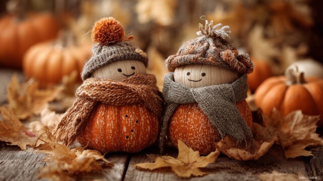 Cute pumpkin wallpaper for desktop, a delightful scene of pumpkins adorned with cozy scarves and hats among golden autumn leaves.