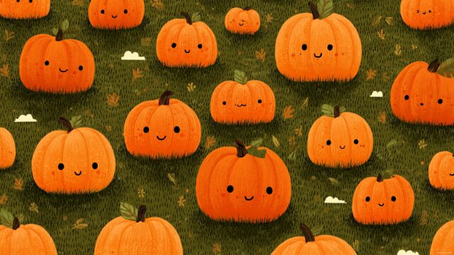 Cute pumpkin wallpaper for desktop, a playful landscape of pumpkins with cheerful expressions scattered across a grassy field on a crisp fall day.