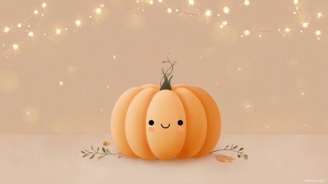 Cute pumpkin wallpaper for desktop aesthetic, minimalist design showcasing a single cute pumpkin surrounded by delicate twinkling lights and hints of autumn vibes.