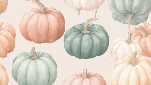 Cute pumpkin wallpaper for desktop aesthetic, soft watercolor illustration of cute pumpkins side by side with gentle pastel colors and light textures.