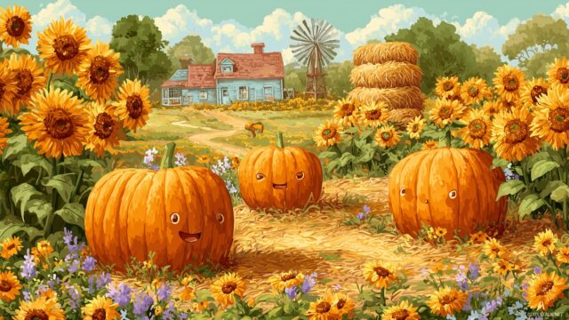 Cute pumpkin wallpaper for desktop, an enchanting farm setting with happy pumpkins standing tall in a field of blooming sunflowers and hay bales.