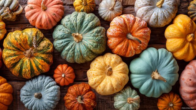 Cute pumpkin wallpaper for desktop computer, a vibrant patch of pumpkins in various sizes and colors set against a rustic wooden background.