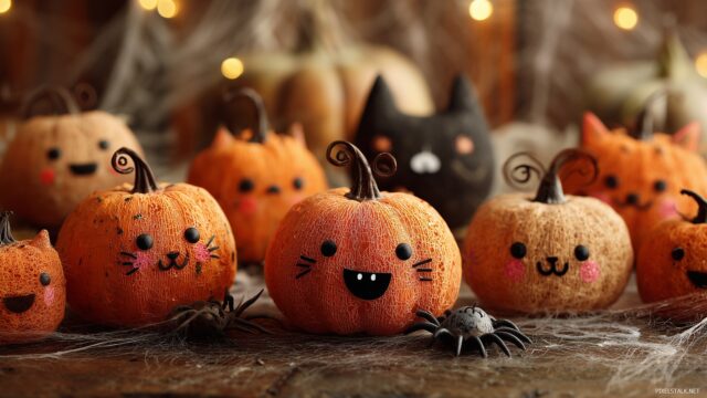 Cute pumpkin wallpaper for desktop, mischievous little pumpkins with creative carved faces surrounded by spooky yet cute decorations.
