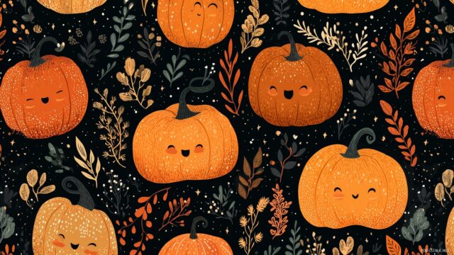 Cute pumpkin wallpaper for desktop screens, charming cartoonish pumpkins with smiling faces surrounded by whimsical patterns of fall foliage.