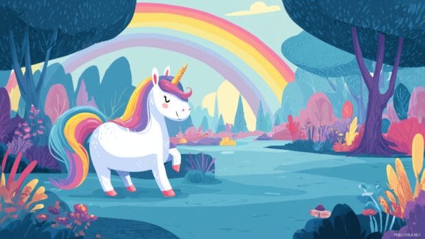 Cute unicorn backgrounds, A charming featuring a smiling unicorn with a rainbow mane playing in a fantastical land.