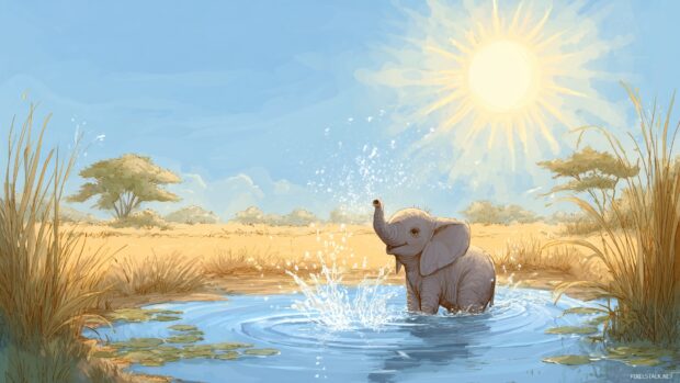 Cute wallpaper backgrounds, a tranquil scene of a baby elephant splashing water in a sunny savanna.