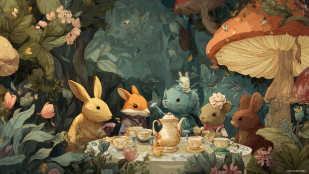 Cute wallpaper backgrounds, a whimsical illustration of animals having a tea party in a magical forest.