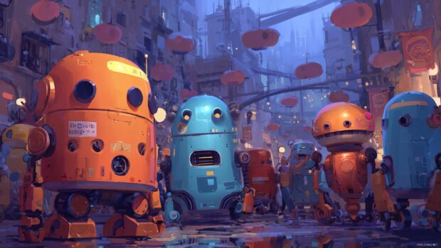 Cute wallpapers for desktops, a collection of cute robots in bright colors exploring a futuristic city.