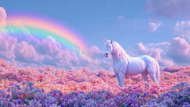 Cute wallpapers for desktops, a magical unicorn standing in a field of flowers with a rainbow overhead.