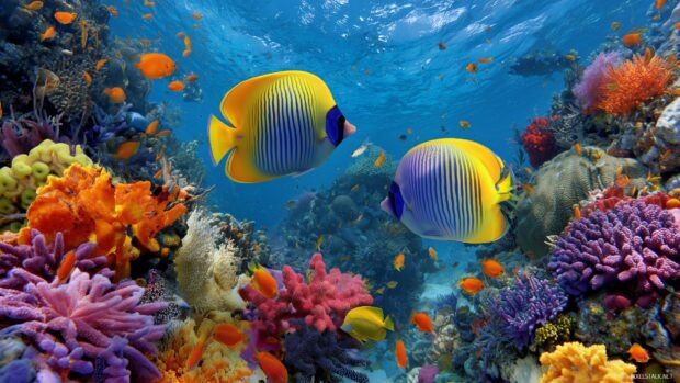 Cute wallpapers for desktops, a mesmerizing underwater scene with cheerful fish and corals in vivid colors.