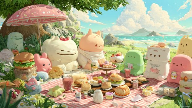 Cute wallpapers for desktops, adorable cartoon characters having a picnic under a sunny sky.