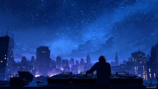 DJ Desktop HD Wallpaper Free Download, A Night Out In A Cityscape With A DJ Mixing Under A Starlit Sky
