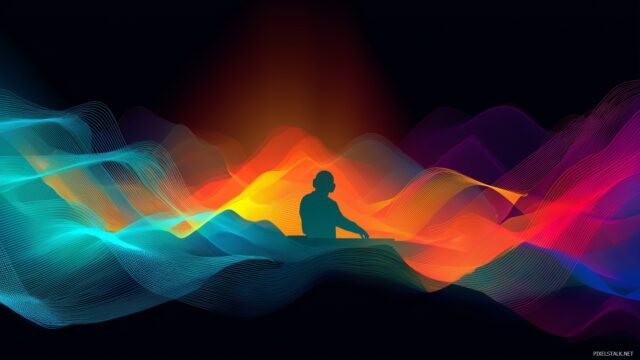 DJ Desktop Wallpaper, An Abstract Representation Of Sound Waves With A DJ Silhouette Against A Colorful Background