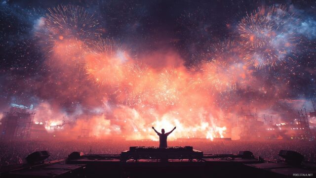 DJ Desktop Wallpaper Full HD, A High Energy Festival Scene Featuring A DJ On Stage, Fireworks Lighting Up The Night