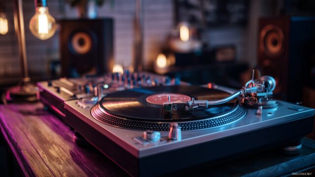 DJ Desktop Wallpaper HD Free Download, A Retro Vinyl Record Player In A Stylish DJ Setup With Ambient Lighting
