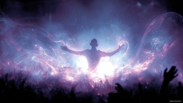 DJ Full HD Desktop Wallpaper, A DJ Lost In Music, Surrounded By Swirling Light Effects And Cheering Fans