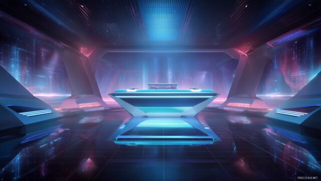 DJ HD Wallpaper, A Futuristic DJ Booth Highlighted By Holographic Displays And Techno Music Vibes