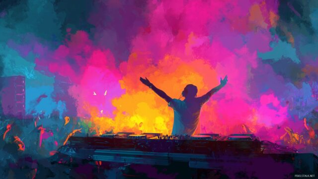 DJ HD Wallpaper For PC, An Electrifying Atmosphere At A Club With A DJ Engaging The Audience, Vivid Color Splashes