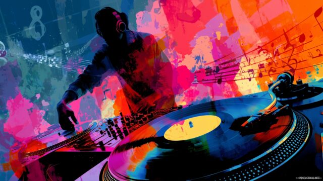 DJ High Definition Wallpaper, A Dynamic Montage Of DJ Elements, Turntables, And Rhythmic Music Notes In A Burst Of Color