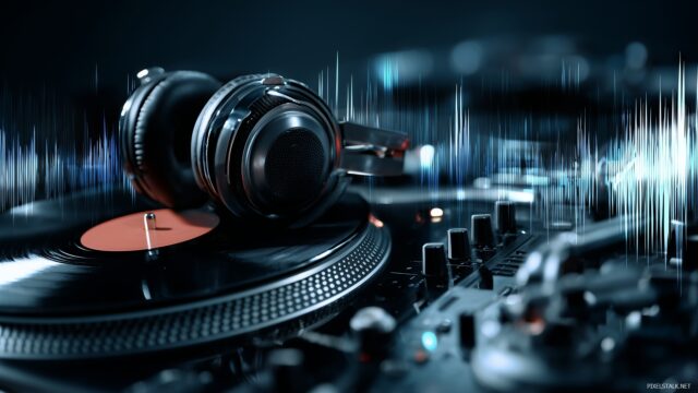 DJ Wallpaper HD For Desktop, A Close Up Of DJ Equipment With Vinyl Records And Headphones Surrounded By Dynamic Sound Waves