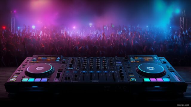 DJ Wallpaper HD For Mac, A Sleek DJ Console With Colorful LED Lights And A Lively Crowd In The Background