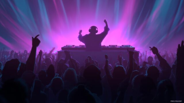 DJ Wide Screen Desktop Wallpaper, A Crowded Dance Floor With A DJ Elevating The Atmosphere, Vibrant And Lively Setting