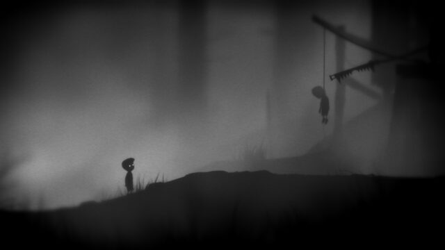 Dark Atmospheric Puzzle Game Wallpaper Featuring Silhouetted Boy in Shadowy Forest