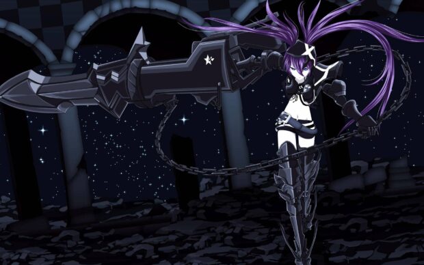 The Black Rock Shooter character stands with her large weapon in a starry night ruin, Black Rock Shooter wallpapers, 2K Desktop Wallpaper