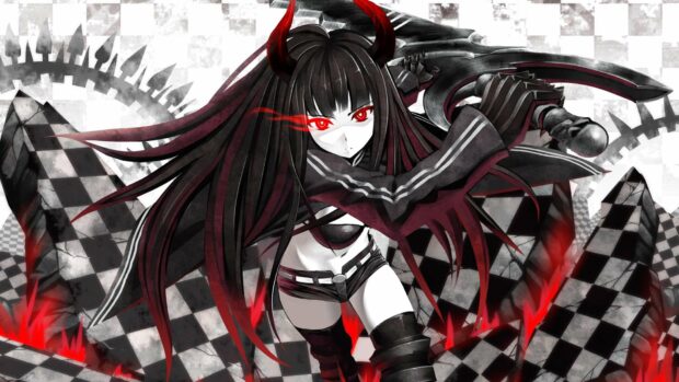 A fierce character with glowing red eyes and horns stands ready with a large weapon in a dark fantasy world, HD Desktop Wallpaper