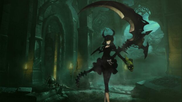 A dark gothic warrior character with horns holding a large scythe in a misty ancient ruin, HD Desktop Wallpaper