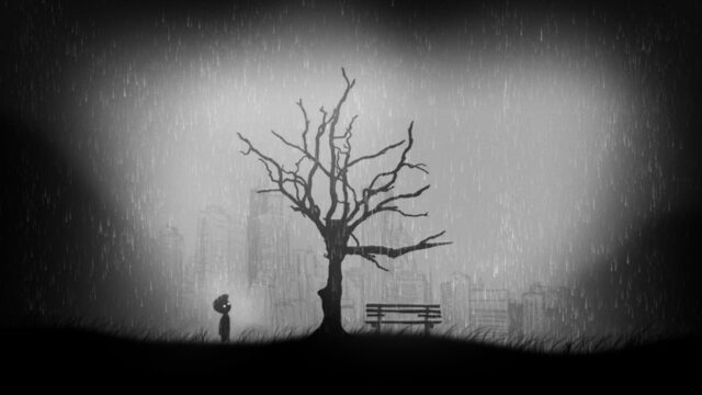 Dark Puzzle Game Wallpaper Featuring Silhouette Tree and Character in Rain