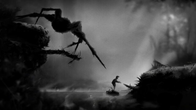 Dark Puzzle Game Wallpaper with Boy Facing Giant Spider in Mysterious Foggy World