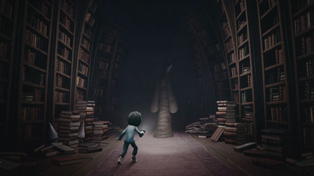 Dark Puzzle Game Wallpaper with Mysterious Character in Spooky Library