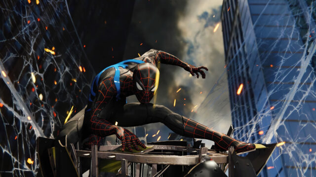 Dark Spider Man In Action With City Background