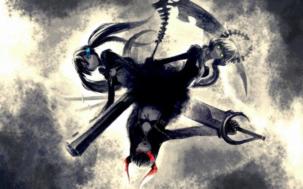 This art shows three dark fantasy characters with glowing eyes and weapons in a smoky background, 2K Desktop Wallpaper
